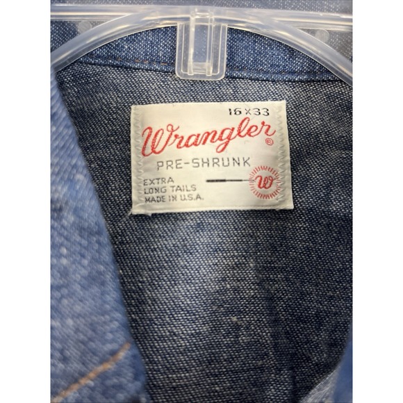Vintage 70s Wrangler Denim Pearl Snap Western Shirt Made in USA Blue 16 x 33 - Picture 6 of 6